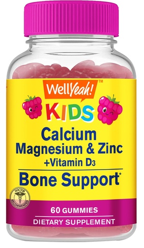 [BRSROC32DMMWOHTA] Kid's Calcium, Magnesium, Zinc + Vitamin D3 Gummies by WellYeah | Bone, Muscle and Nerve Health Support, Immune Support | for Men and Women | Gluten Free, Non GMO | Raspberry Flavor | 60 Count