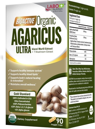 [BRSW2FAPOIJRGCYZ] LABO Nutrition Bioactive Organic Agaricus Ultra - 7 Mushroom Extract Supplement Agaricus blazei Murill Cordyceps, Maitake, Turkey Tail, Lingzhi, Shiitake for Advanced Immune Support, USDA Organic