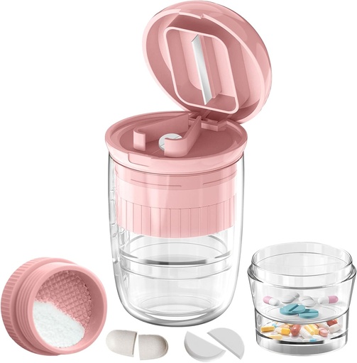 [BRSRMCY7B57RO2Y6] Pill Cutter Splitter with Dispenser, Pill Cutter for Small or Large Pills, Crushes Pills, Vitamins, Tablets, Stainless Steel Blade, Removable Drinking Cup (Pink-1)