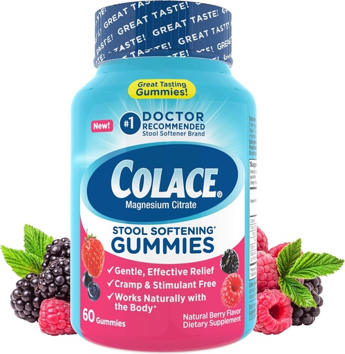 [BRSROAABCUBG2CTV] Colace afføring blødgøringsmiddel Gummies, blid Dependible Constipation Relief Magnesium Citrate Gummies, No.1 Doctor Recommended Afføringsmiddel Mærke, Berry Flavored 60ct