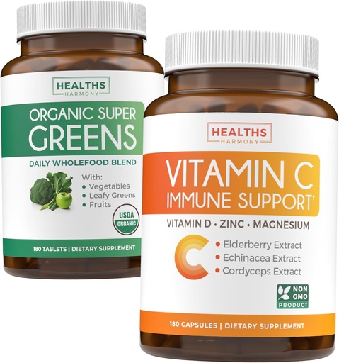 [BRSRAYD4O4NRQFD5] Super Greens & Vitamin C (3-Month Supply) Vitamin Greens Bundle of Organic Super Greends Powder - Complete Superfood (180 Capsules) & Vitamin C Immune Support (180 Vegetarian Capsules)