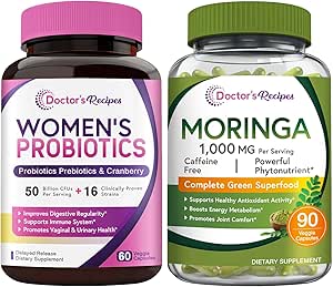 [BRSRAED4DICAK3TU] Doctor's Recipes Women’s Probiotics & Organic Moringa Bundle, GI and Women’s Health, Natural Antioxidant Support, No Gluten, Pro (60 Capsules) & Moringa (90 Capsules)