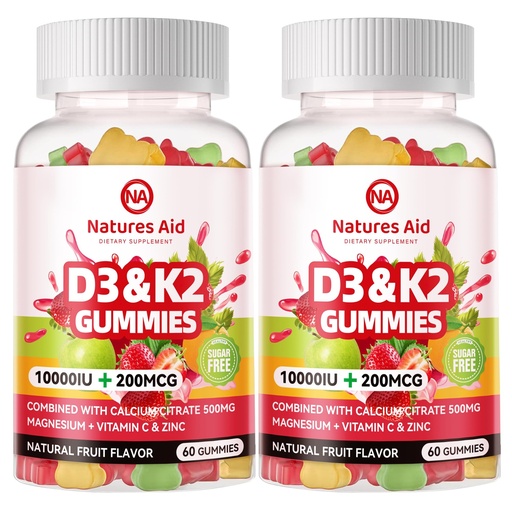 [BRSRAFI2BF5GC336] Natures aid Sugar-Free Vitamin D3 K2 Gummies with Calcium + K2 (MK-7), Magnesium Citrate, Vitamin C, Extra Strength - Ultimate Absorption for Bone Muscle Teeth Immune, Vegan - 120 Gummies