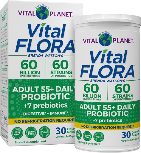 [BRSRMAYPCAPWC3DD] Vital Planet - Vital Flora Adults Over 55 Daily Probiotic 60 Billion CFU, Diverse Strains, Organic Prebiotics, Immune and Digestive Health Shelf Stable Probiotics for Women and Men, 30 Capsules