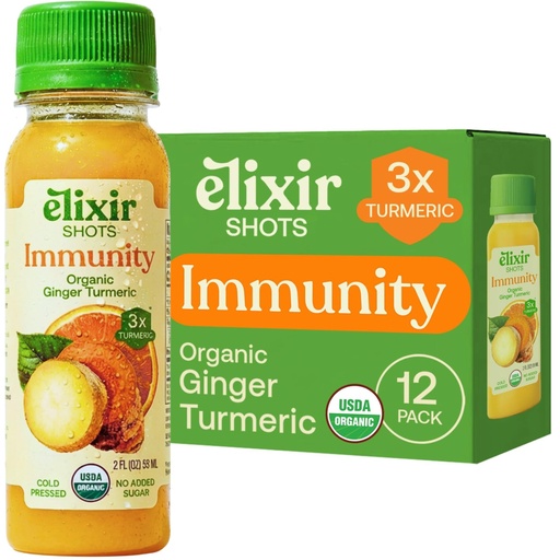 [BRSWYFQZOAHAIFYY] Elixir Shots, Immunity Daily Wellness Shot with Cold-Pressed Turmeric, Ginger, Lemon, Orange and Black Pepper, No Added Sugars or Artificial Ingredients, USDA Organic, 12-pack