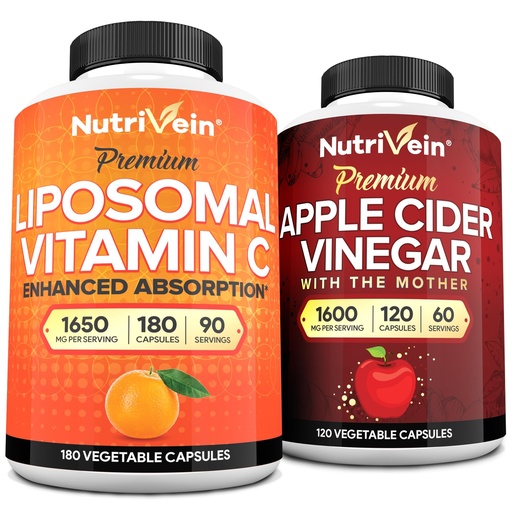 [BRSRAHACOQIW2FA6] Nutrivein Premium Apple Cider Vinegar Capsules & Liposomal Vitamin C Supplement Bundle: High-Absorption Vitamin C Capsules & Apple Cider Vinegar Supplements Bundle for Immune Defenses & Gut Health