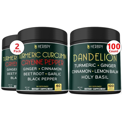 [BRSRA2YPAVYRQH34] Herbpy Bundle 6in1 Dandelion Root Supplement 750mg/serving (100 Count 100 Servings) & 7in1 Turmeric Root 1510mg/serving (2pack60 for 60 Servings)
