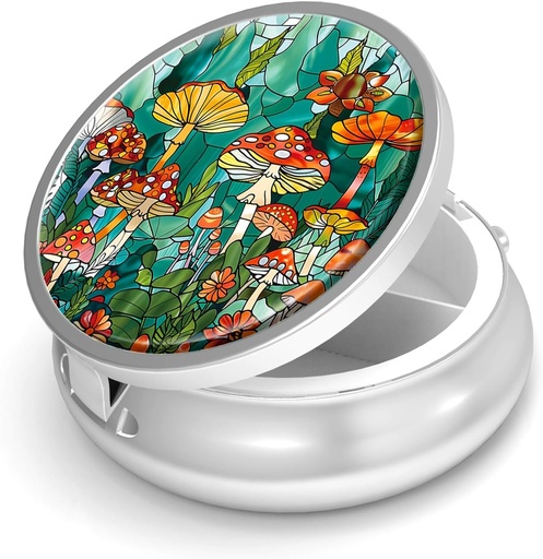 [BRSRAYYPCIMREFD2] Pill Box-3 Compartment Small Pill Case for Purse & Pocket Mini Metal Pill Holder Travel Pill Container to Hold Supplements Vitamins BPA-Free (Mushroom Forest)
