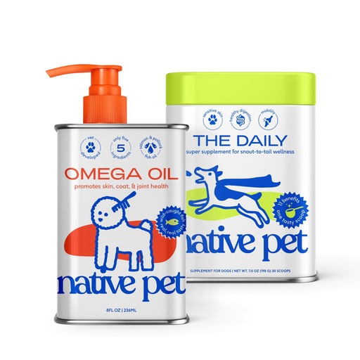 [BRSROAIBBB6WGAA3] Native Pet Pack Leaders Bundle - Daily Dog Multivitamin (7 oz.) & Omega Oil for Dogs (8 oz.) - Omega 3 Fish Oil for Healthy Skin, Shiny Coat, & Strong Joints & Daily Multivitamin for Pups