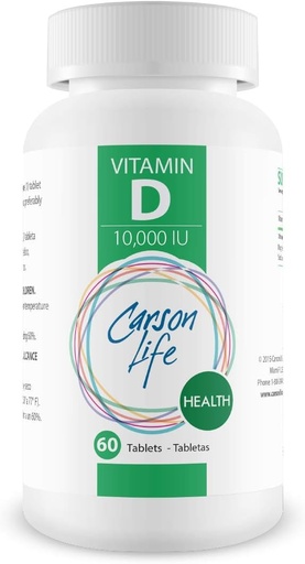 [BRSWK2YROMNWYAY7] CARSON LIFE Vitamin D 10,000 IU Tablets - Excellent Supplement for Vitamin D Deficiency - Helps Strengthen Bones, Teeth and Immune System - 60 Tablets - Made in The USA