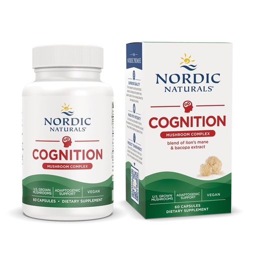 [BRSW2BL6CV5BO2AV] Nordic Naturals Cognition Mushroom Complex, Unflavored - 60 Capsules - Brain, Memory & Mood Support - Blend of Lion’s Mane Mushroom & Bacopa Extract - Non-GMO - Certified Vegan - 30 Servings