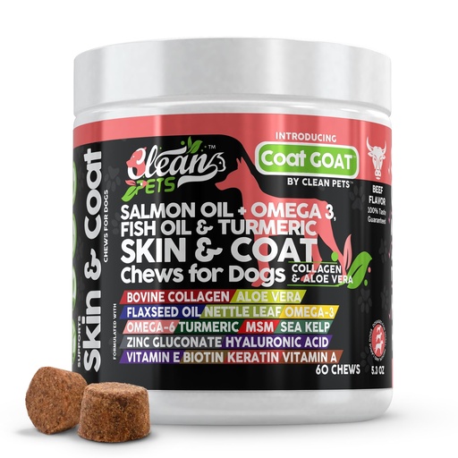 [BRSRAEIBBMMGYHIV] Clean Pets Salmon Oil Omega 3 Fish Oil for Dogs Skin and Coat Supplement | Dog Collagen Aloe Vera Biotin Keratin Flaxseed Nettle Leaf Sea Kelp Hyaluronic Acid Brewers Yeast Vitamin A - Coat Goat