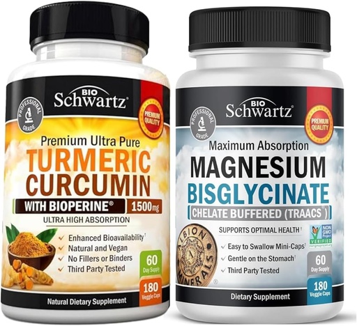 [BRSRAAAOAVYRMDQ7] Turmeric Curcumin with Black Pepper Extract 1500mg Complex (1 Month Supply) Plus High Absorption Magnesium Bisglycinate Capsules (2 Month Supply)
