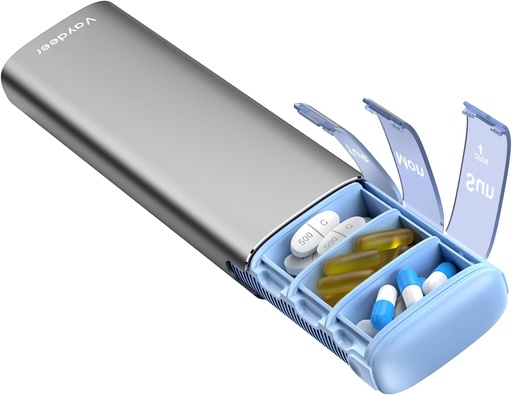 [BRSRAFAZAF4BEGT7] Vaydeer Metal Travel Pill Organizer, 7 Day Weekly Pill Box, Large Capacity Daily Cute Pill Case for Supplements, Pills, Vitamins and Medication (Small,Gray)