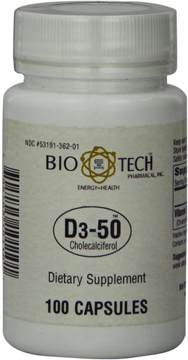 [BRSWIYQIOMHWMGY7] Bio-Tech Pharmacal D3-50 50,000 IU, 100 Capsules Ð All-Natural Supplement Ð Supports Bone, Heart Neuromuscular, & Immune Health Ð No Dairy, Fish, Gluten, Peanut, Shellfish, & Soy
