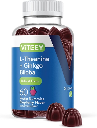 [BRSROEL7C4IA23DK] Viteey L-Theanine Gummies with Ginkgo Biloba for Adults - Aids in Focus & Relax, Improve Mood - Non GMO, Gelatin Free, Vegan, Gluten Free, Naturally Sourced Chewable Tasty Raspberry Flavored Gummy