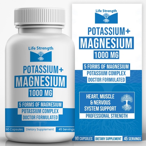 [BRSWYGQBAB6BOGTO] Life Strength, Potassium Magnesium Supplement 1000mg - 90 Capsules – Potassium & Magnesium Complex with Aspartate, Glycinate, Oxide, Gluconate & Citrate – Muscle, Leg & Electrolyte Support