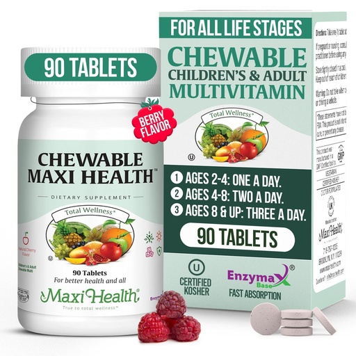 [BRSWIYQACEDW2YI5] Maxi Health Chewable Multivitamin for Kids, Teens and Adults - Cherry Chewable Vitamins for Adults & Children - Kosher Kids Multivitamin + Iron (90 Tablets)