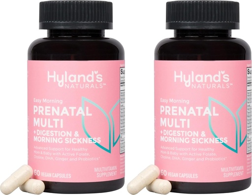 [BRSROAICB4GWEFD3] Hyland's Easy Morning Prenatal Multivitamin and Digestive Health and Morning Sickness Relief, 60 Vegan Capsules, with Folate, Choline, Zinc, Ginger Root, Prebiotics and Algae DHA (Pack of 2)