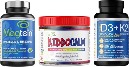 [BRSROHDRCEBAYFLA] Magtein Magnesium L-Threonate 60 Capsules, Magceutics KIDDOCALM Gummies for Kids 90 Capsules, Vitamin D3 K2 with MCT 30 Capsules - Bundle