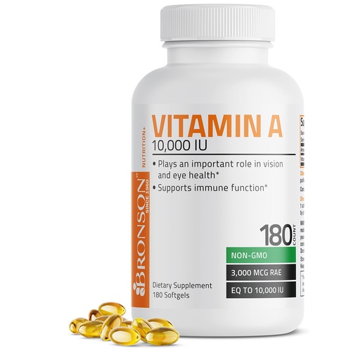 [BRSRMBT2AAMRU33K] Bronson Vitamin A 10,000 IU Premium Non-GMO Formula Supports Healthy Vision & Immune System and Healthy Growth & Reproduction, 180 Softgels