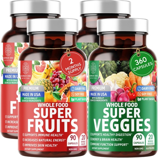 [BRSROZQPCR5WO2D2] 4-Pack N1N Premium Super Fruits & Veggies Supplement, 360 Caps, Whole Food & Natural Superfood for Women, Men & Kids - Packed with Aloe Vera, Vitamins & Minerals, Better Than Multivitamins,100% Vegan