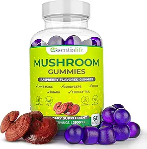 [BRSROZAZBMBBAH3O] Essentialife Lions Mane Mushroom Supplement | 5-in-1 Mushroom Gummies with Turkey Tail, Cordyceps, Reishi, Chaga Extract | Brain Focus and Immune Support for Women Men, Raspberry Flavor, 60 ct