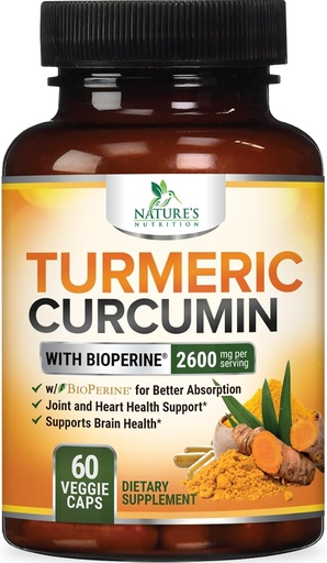 [BRSWGYIOOV5AKAIV] Suplemento de Curcumina Turmérica 2600mg - 95% Curcuminóides com extrato de pimenta preta orgânico & BioPerine para melhor absorção, Natural Vegan Joint Support, Não-GMO, Engarrafado nos EUA - 60 Cápsulas
