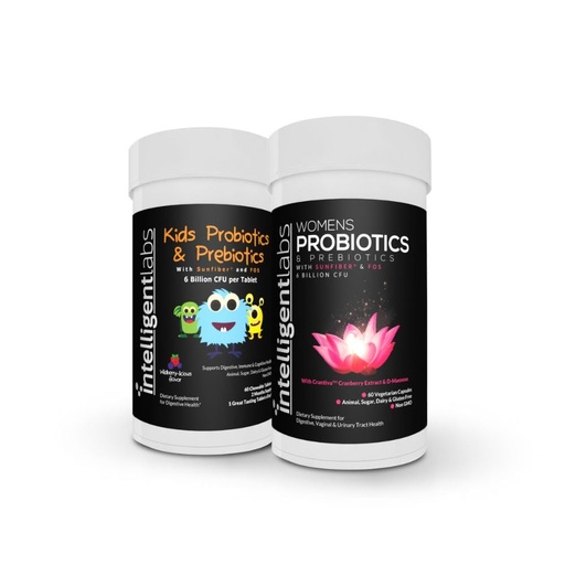 [BRSW223YCF6A2EQ7] Intelligent Labs 2-in-1 Bundle of Kids’ Probiotics with Hydrolyzed Guar Gum and FOS + Women’s Probiotics (UTI Formula with Cranberry & D-Mannose), No Refrigeration Required, 2 Months Supply Per Bottle
