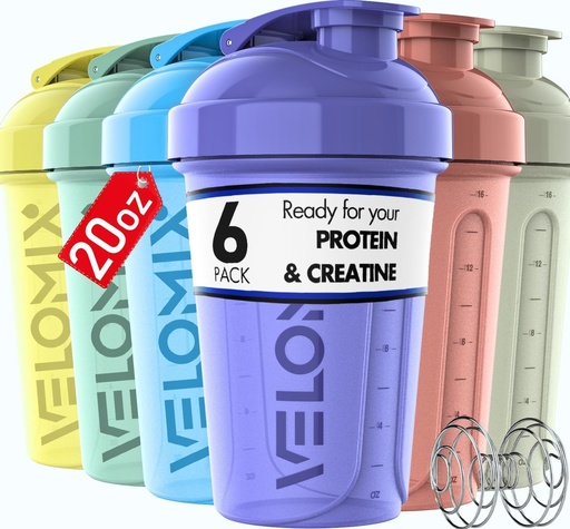 [BRSROFI7BMIRMDTJ] VELOMIX -6 PACK- 20 oz Protein Shaker Bottle for Protein Mixes - 6x Wire Whisk | Leak Proof Shaker Cups for Protein Shakes | Stackable Protein Shaker Bottle Pack | Dishwasher Safe (Pastel Shades)