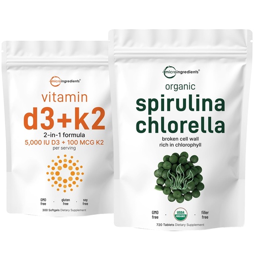 [BRSRO2QYDECRE2AV] Micro Ingredients Organic Chlorella Spirulina 3000mg Tablets & Vitamin D3 5000iu + K2 100mcg Bundle 2 Pack | Cracked Cell Wall, Rich in Vegan Protein & Chlorophyll | Essential Sunshine Vitamins