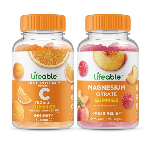 [BRSROZA3PN5A2F3O] Lifeable Vitamin C 750mg + Magnesium 85mg, Gummies Bundle - Great Tasting, Vitamin Supplement, Gluten Free, GMO Free, Chewable Gummy