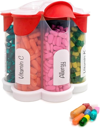 [BRSROCYBDMGW233G] Extra Large Pill Organizer Daily, Weekly, Monthly Supplement Bottle, Cute Blossom Pill Dispenser with 7 XL Compartments, Easy-Open Pill Box for Vitamins, Medications, Labels Included (Red)