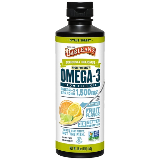 [BRSWIGAFPJ7GCGDC] Barlean's Omega 3 Fish Oil Liquid Supplement for Men and Women, 1500mg of EPA and DHA Fatty Acid, Promotes Brain & Heart Health - Non-GMO, Citrus Sorbet, 16 oz