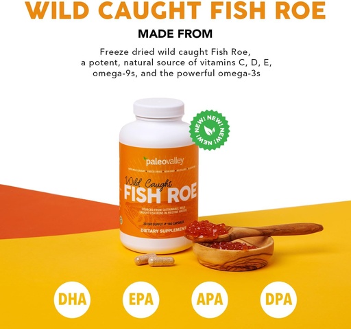 [BRSRMCQTO4PAIHLD] Paleovalley Wild Caught Fish Roe - DHA/EPA, Full Spectrum Omega -3 Fatty Acids - Inflammation, Vision, Mood, Immunity Boost - 28 Servings
