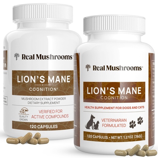 [BRSRMYLYCUCAYG3U] Real Mushrooms Lions Mane for Humans (120ct) and Pets (120ct) - Bundle for Cognition & Immunity - Vegan, Non-GMO, Gluten-Free, Grain-Free Mushroom Extract Supplements