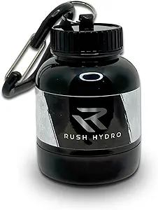 [BRSRAFQFAUHRY232] RUSH HYDRO Supplement Protein Powder Funnel Keychain, Travel Protein Powder Container with Dual Screw Cap, 100 mL Container for Hydration Powder & Supplements, Black