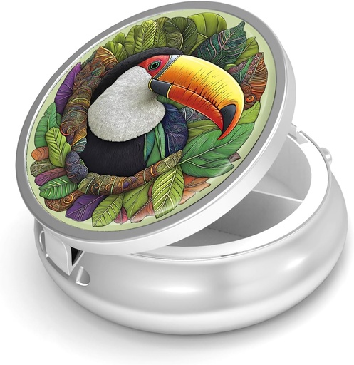 [BRSRAAITCQNAECDL] Pill Box-3 Compartment Small Pill Case for Purse & Pocket Mini Metal Pill Holder Travel Pill Container to Hold Supplements Vitamins BPA-Free (Toucan)