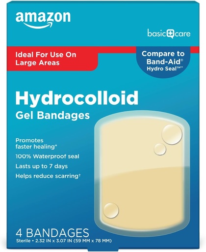 [BRSWGFTYAB7AMH3H]   Basic Care Advanced Fast Healing Hydrocolloid Gel Bandages, Large Wound Dressing, 4 ct