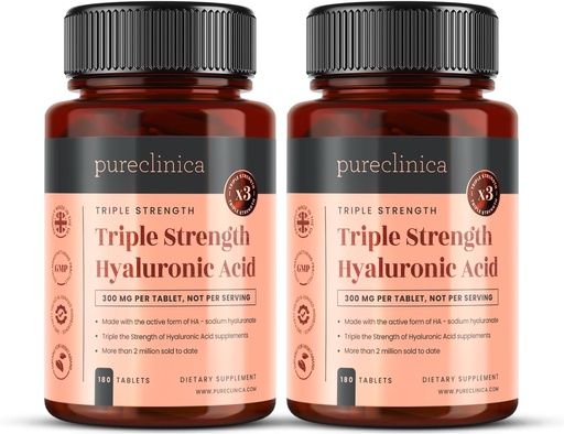 [BRSWIFIQDF7AODI3] pureclinica Hyaluronic Acid 300mg x 360 Tablets (2 Bottles of 180-12 Months Supply). Triple Strength Hyaluronic Acid. 300% Stronger Than Any Other HLA Tablet.