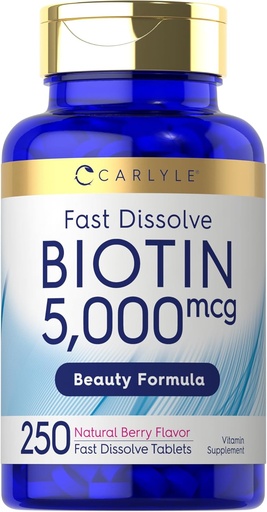 [BRSROCAPOUJWK33U] Carlyle Biotin 5000mcg | 250 Fast Dissolve Tablets | Vegetarian, Non-GMO, Gluten Free Supplement