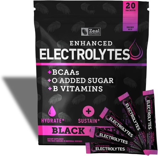 [BRSROYICPN6BYEY4] Enhanced Electrolyte Powder Stick Packs (Black Cherry | 20 Packets) w/ 0 Sugar +BCAAs +B-Vitamins Electrolyte Supplement w Potassium Zinc & Magnesium for Hydration - Keto Electrolytes