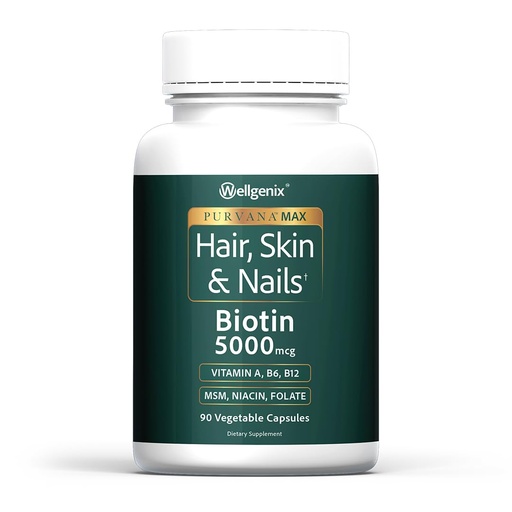 [BRSWKFA6C4BR6ELA] Wellgenix Purvana MAX Hair Skin and Nails Supplement – 5000mcg Biotin with MSM & B-Complex – Supports Thicker Hair, Stronger Nails & Glowing Skin – 90 Veggie Capsules