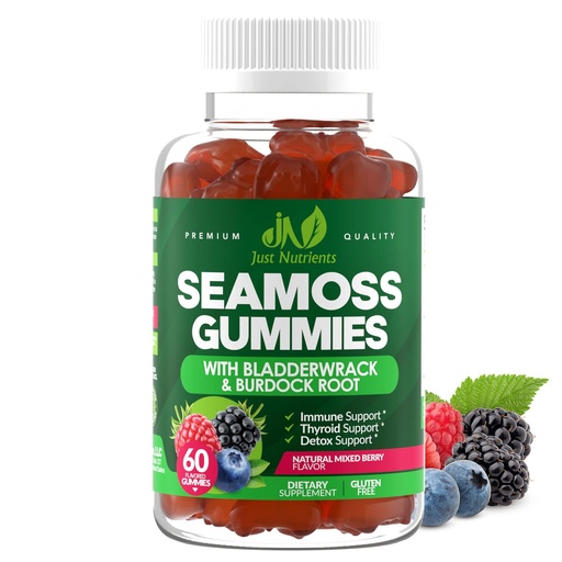 [BRSRMZTYOUFQM33F] Sea Moss 3000mg Gummies with Bladderwrack and Burdock Root - Natural Irish Sea Moss Superfood for Immune, Thyroid and Detox Support - Extra Strength for Men & Women - Gluten-Free, Vegan - 60 Gummies