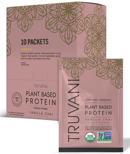 [BRSROZQLBAAWC3LG] Truvani Vegan Pea Protein Powder | Vanilla Chai | 20g Organic Plant Based Protein | Single Serving Travel Packets | 10 Servings | Keto | Gluten & Dairy Free | Low Carb | No Added Sugar