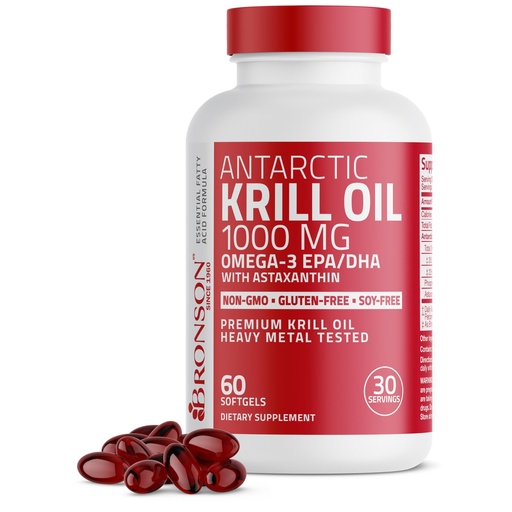 [BRSWKH32CACGAGTL] Bronson Antarctic Krill Oil 1000 mg with Omega-3s EPA, DHA, Astaxanthin and Phospholipids 60 Softgels