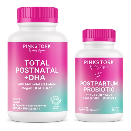 [BRSROCQQCUPAY2DL] Pink Stork Postnatal Multivitamin + Probiotics with Vegan DHA, Ashwagandha, Iron, Folate, B12 - Supports Hormone Balance, Postpartum Recovery, Gut Health, & Digestion - Pack of 2