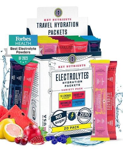 [BRSW2GITPJ7AK3L7] KEY NUTRIENTS Electrolytes Powder Packets No Sugar - 4 Delicious Flavors in Hydration Packets 20 Pack - No Calories, Gluten Free Electrolytes Powder Packets - Keto Friendly, Non GMO, Made in USA