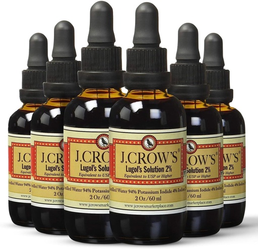 [BRSWGHD3AUIA42A2] J.CROW'S® Lugol's Solution of Iodine 2% 2 oz (6 Botellas) – Iodide Premium de Iodo de Potasio Líquido, Gluten " , Extracto libre de alcohol, No Expiration