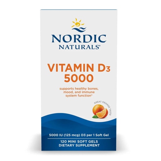 [BRSWIAAEORYGMFDK] Nordic Naturals Vitamin D3 5000, Orange - 120 Mini Soft Gels - 5000 IU Vitamin D3 - Supports Healthy Bones, Mood & Immune System Function - Non-GMO - 120 Servings